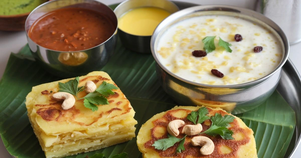 Assorted Indian breakfast dishes with dosa, idli, poha, and chutney on a vibrant table setting.