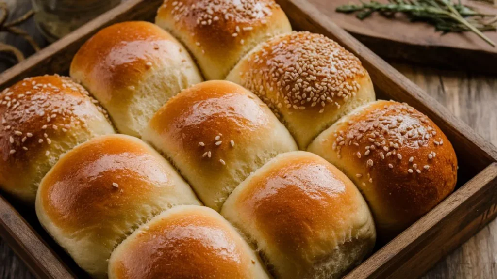 Freshly baked sourdough dinner rolls with a golden crust, placed on a wooden cutting board.