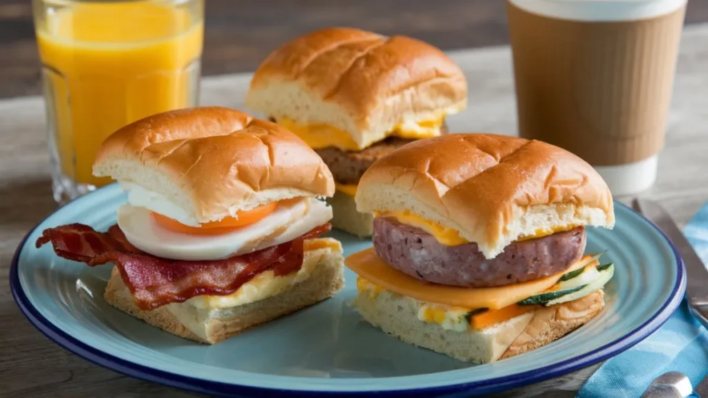 Mini breakfast sliders with cheese, sausage, and egg