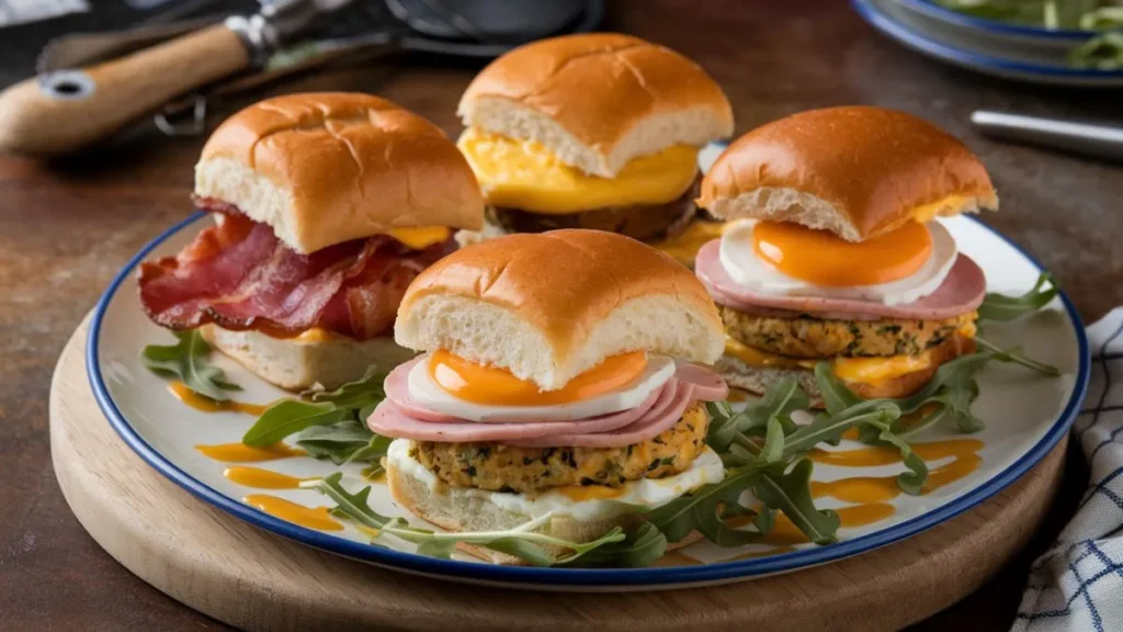 Breakfast sliders with sausage, cheese, and fluffy eggs