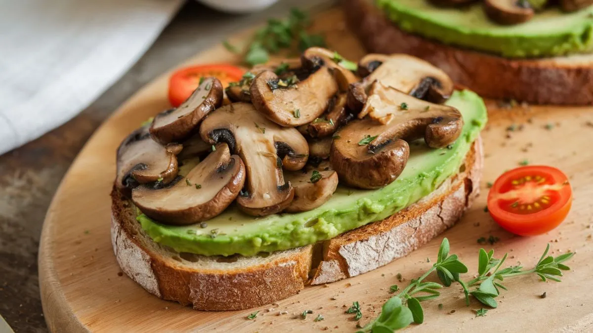 Creamy avocado toast topped with sautéed mushrooms and herbs for a healthy meal.