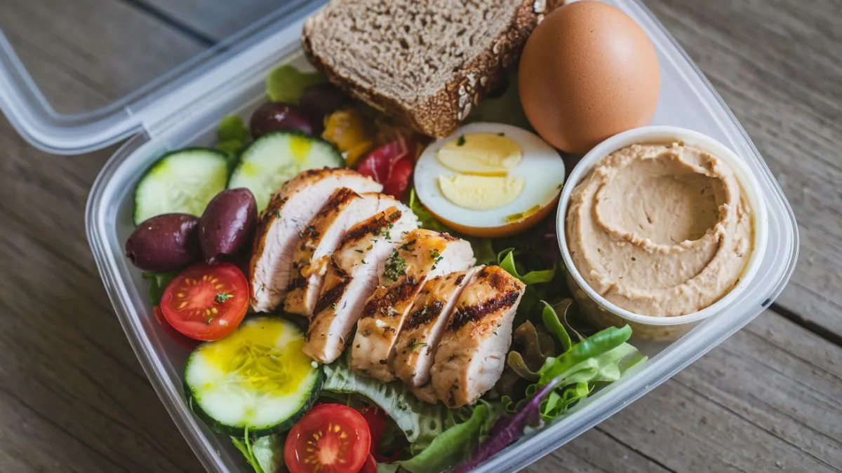 Low FODMAP lunch options on the go, including grilled chicken, quinoa, and fresh vegetables