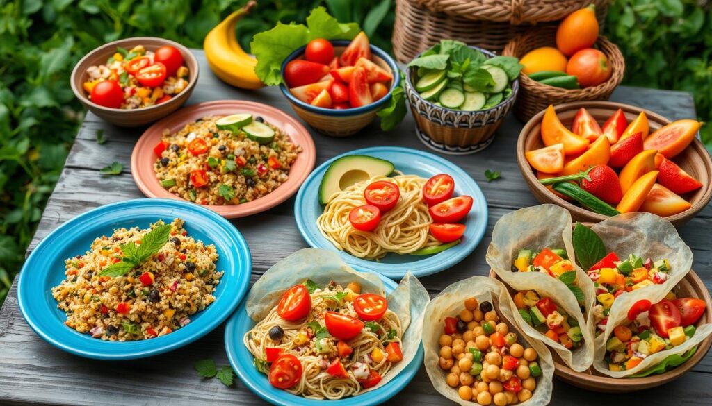 Tasty gluten-free and dairy-free lunch spread featuring fresh salads, grain bowls, and a variety of vegetables.