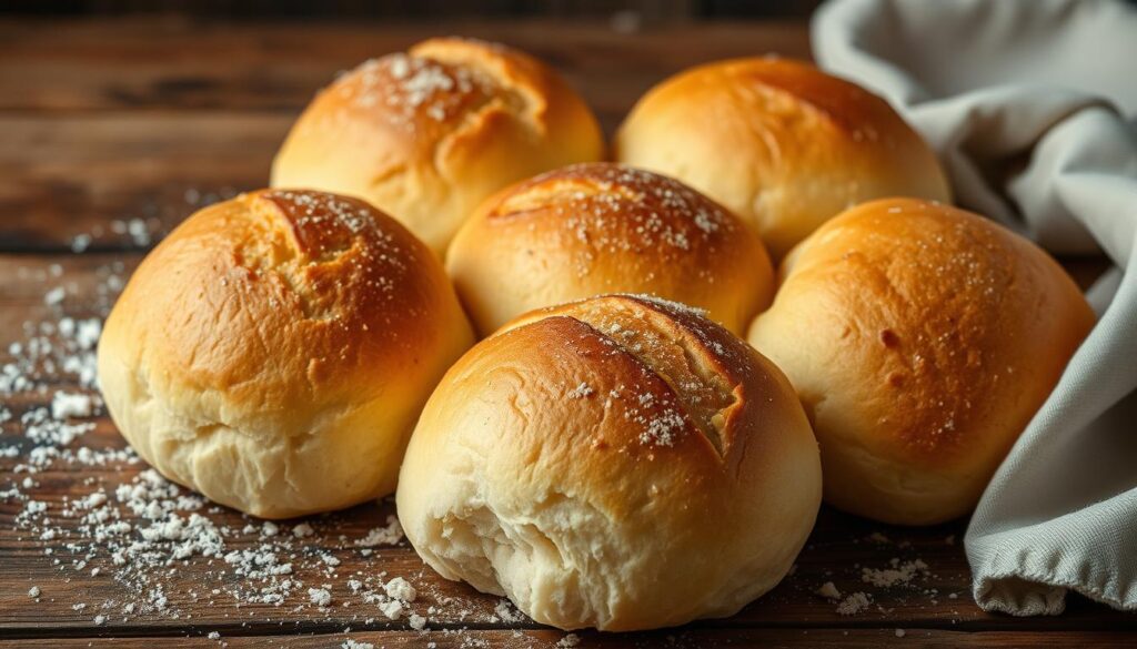 Homemade sourdough dinner rolls arranged on a plate, with a side of butter and herbs for garnish.