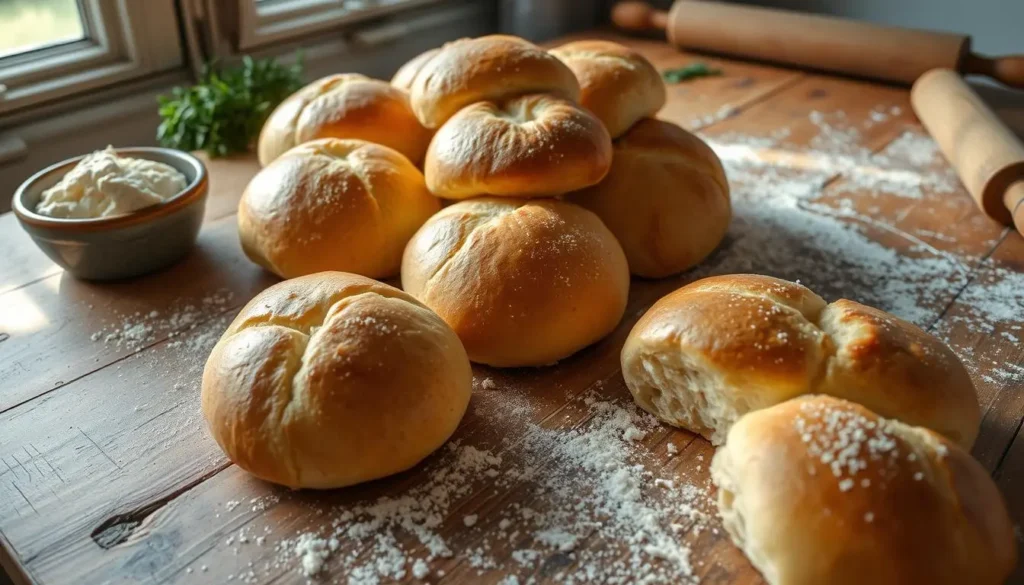 Homemade easy sourdough rolls ready to serve, perfect for dinner or lunch.