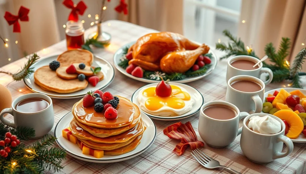 Delicious Christmas Day breakfast with pancakes, fruit, and holiday-themed decorations.