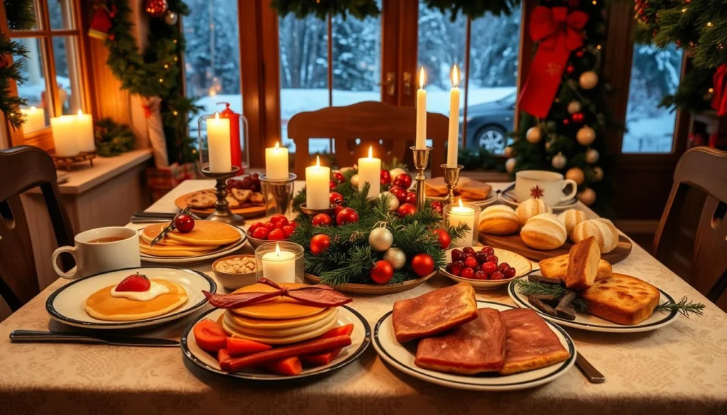 Traditional Christmas breakfast featuring a warm breakfast casserole and seasonal garnish.