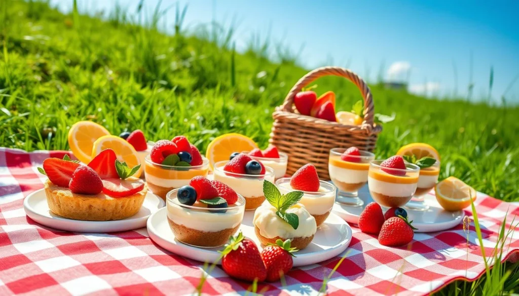 Layered no-bake dessert in a glass with cream and fruit