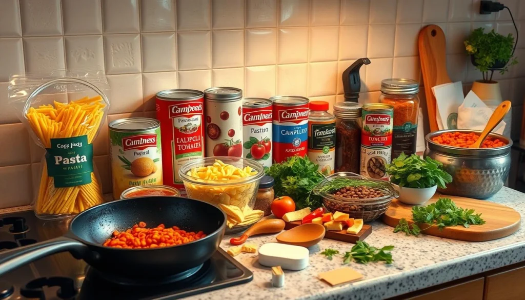 Comforting pasta dish with tomato sauce and grated cheese, made from pantry staples.