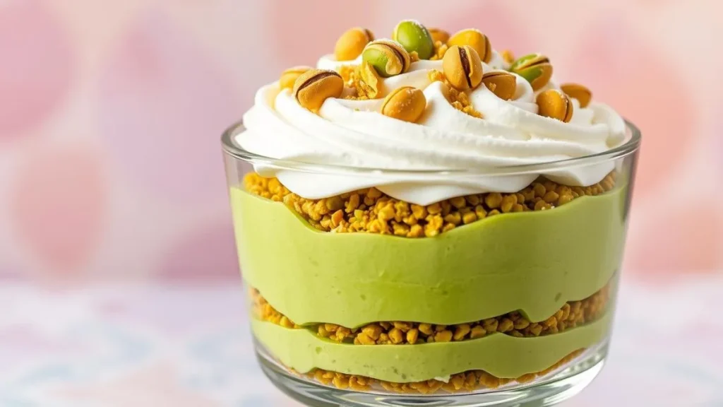 "A delicious, layered pistachio dessert with a creamy texture