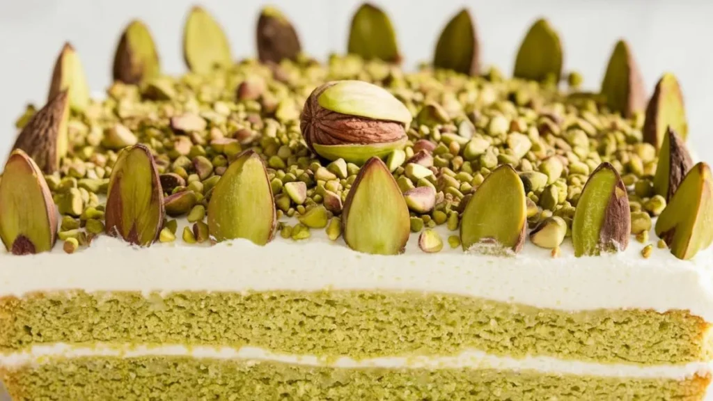 A creamy, layered pistachio dessert topped with crushed pistachios, perfect for parties and special occasions.