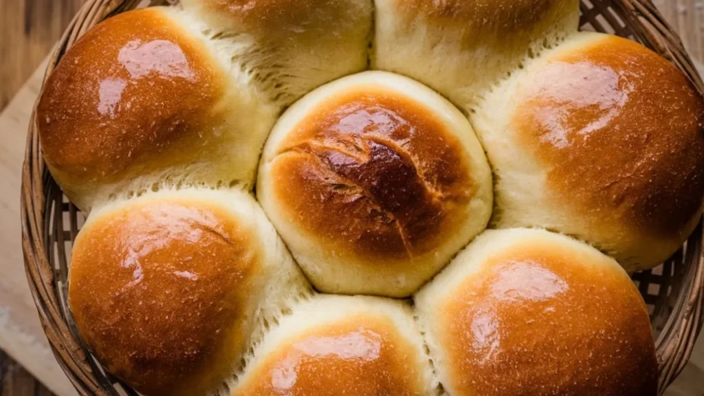 Freshly baked easy sourdough rolls with a golden crust and soft interior.