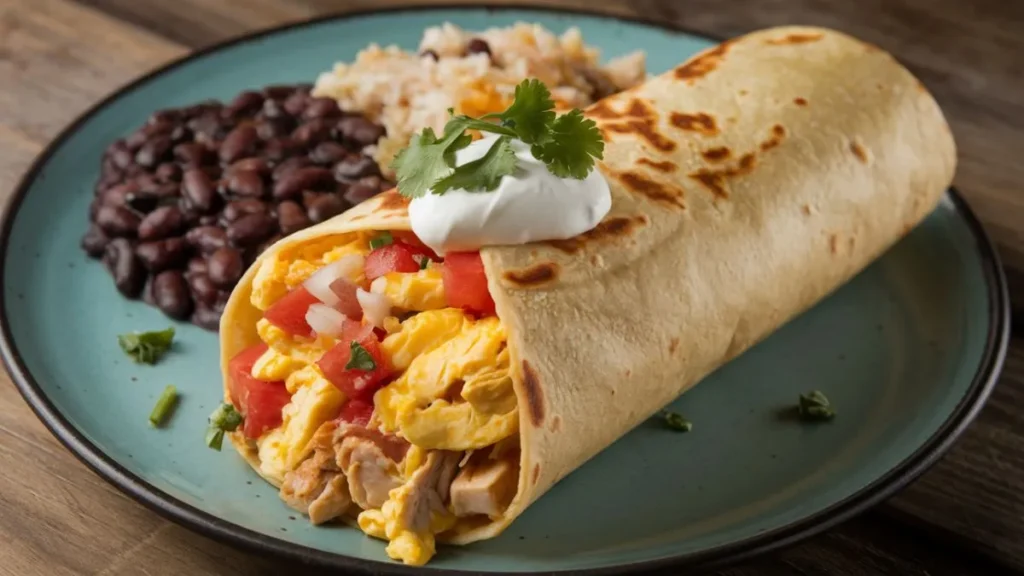 Hearty chicken and egg burrito with beans and rice, perfect for a savory breakfast.