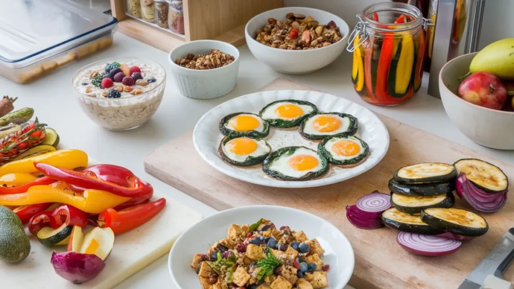 Variety of vegan meal prep dishes displayed in glass containers, featuring nutritious options for breakfast, lunch, and dinner with fresh ingredients.