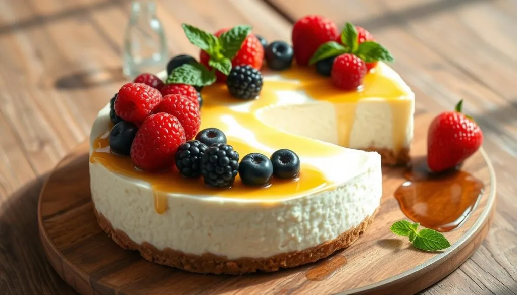 A beautifully plated Greek yogurt cheesecake, showcasing its creamy filling and graham cracker crust, accented with colorful fruit on top.