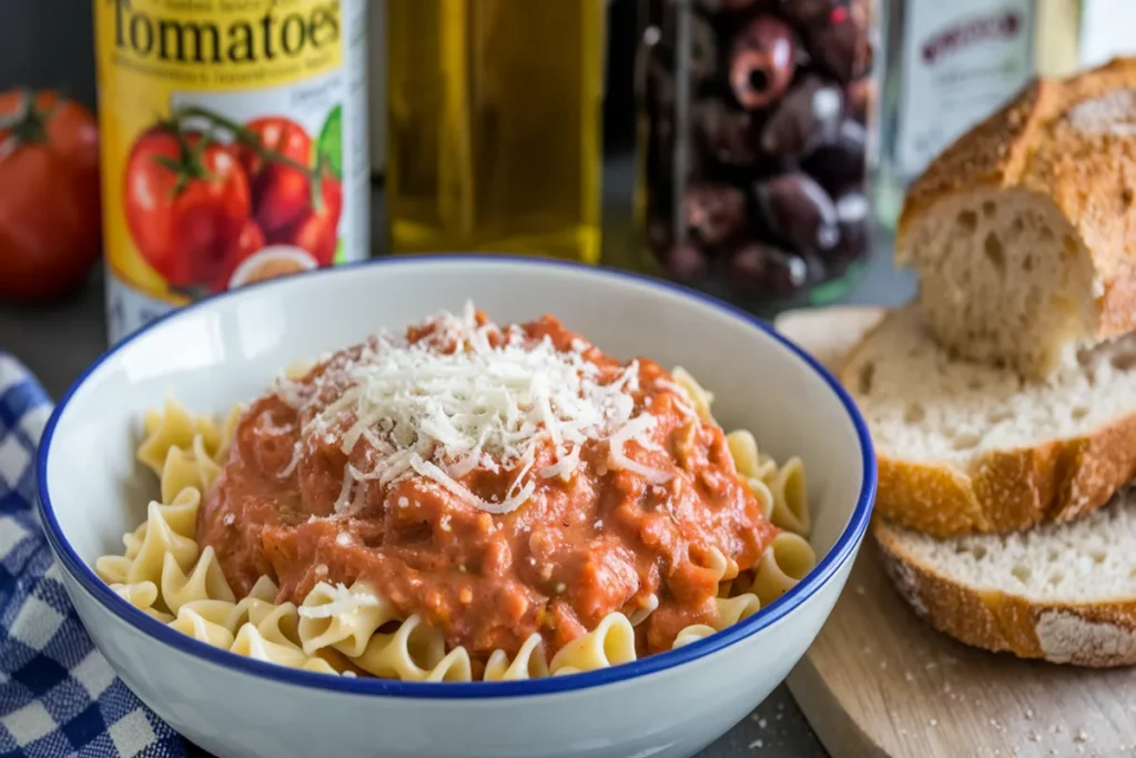 Delicious pasta with tomato sauce and grated cheese, a quick pantry meal idea.