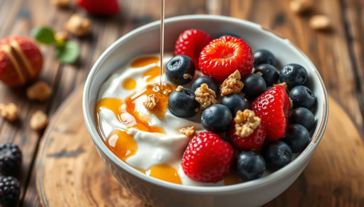 Delicious bowl of yogurt with fresh berries, granola, and honey – a healthy breakfast idea for a nutritious start.