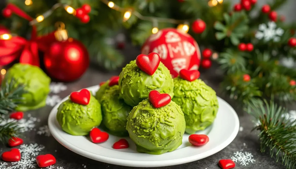 Grinch-inspired Oreo Balls dessert with vibrant green color and fun decorations for the festive season.