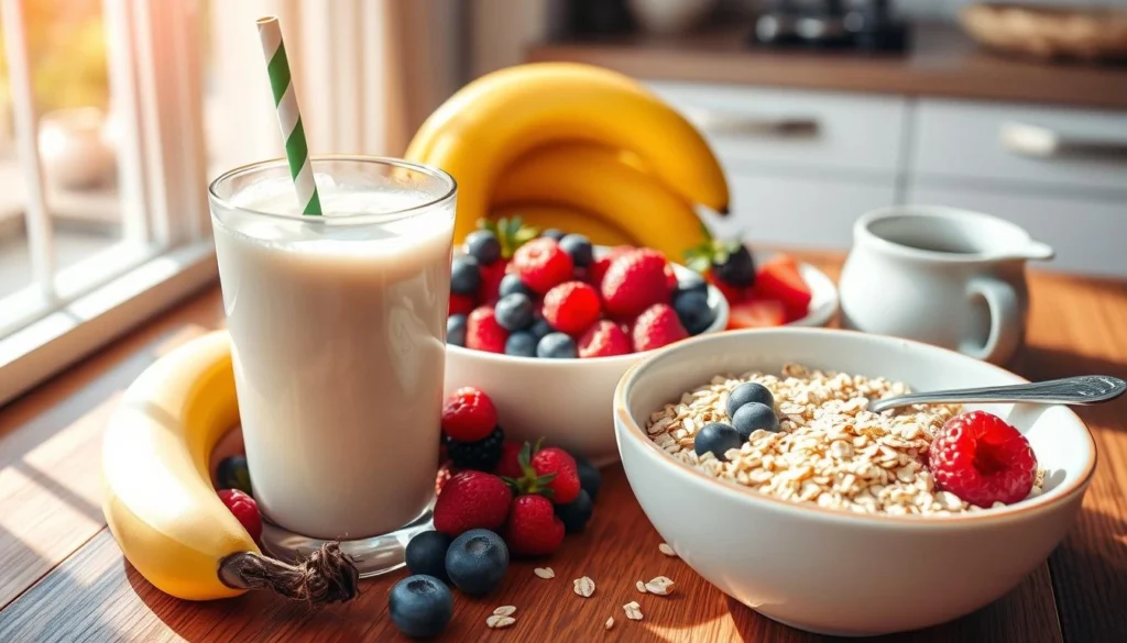 Rich and frothy Carnation Instant Breakfast drink served with a side of granola.