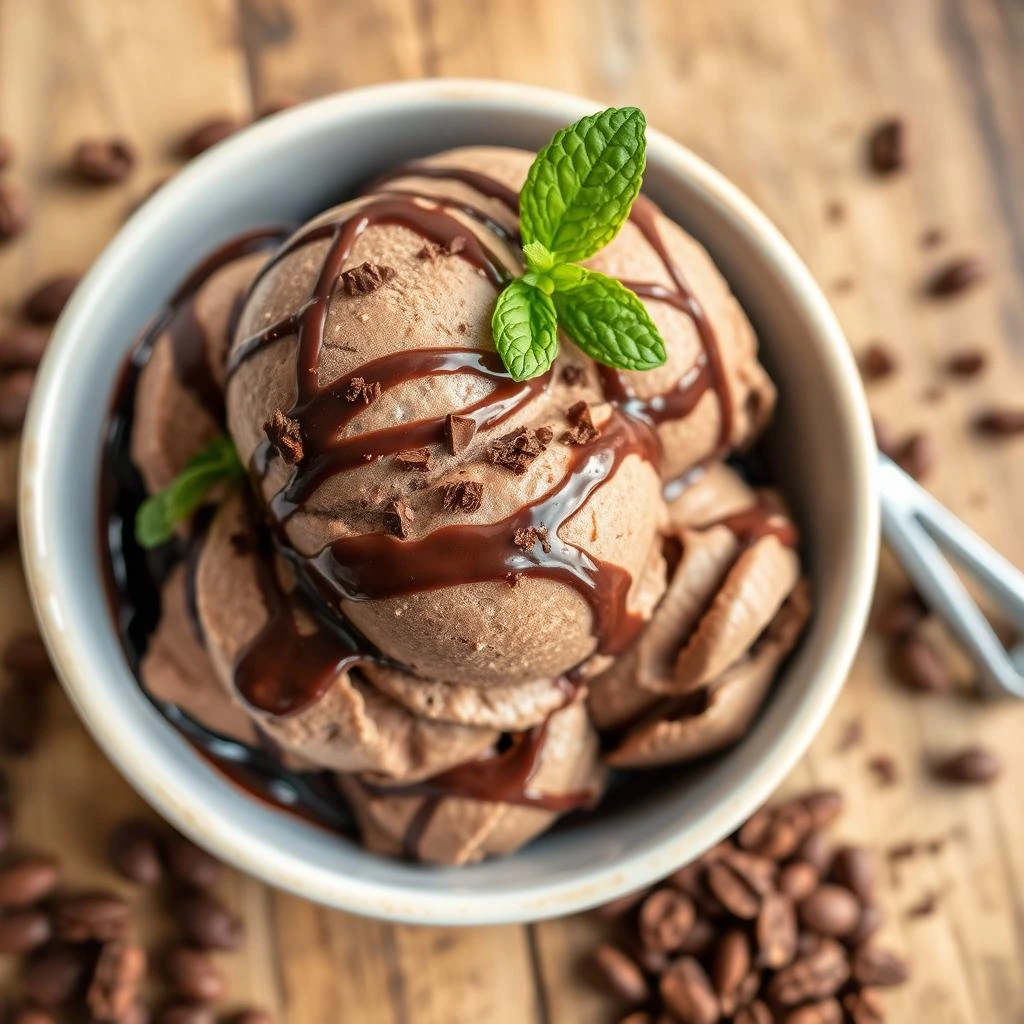 Delicious chocolate ice cream served with a drizzle of chocolate syrup.