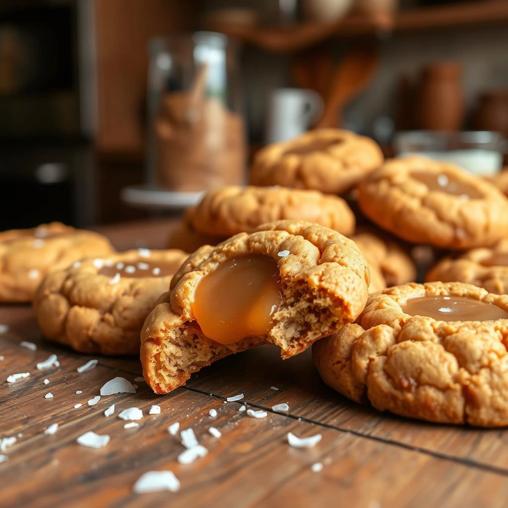 Golden brown caramel cookies with gooey caramel centers.