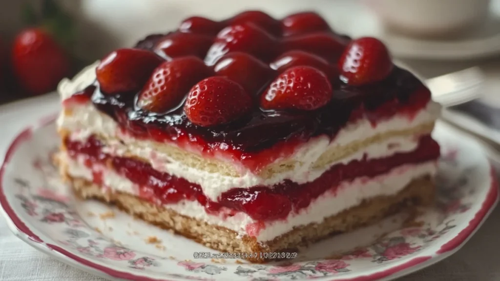 No-bake strawberry eclair cake with creamy layers and fresh strawberries, perfect for summer parties.