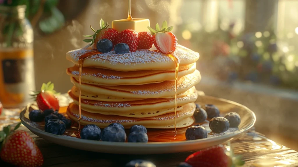 Plate of homemade pancakes with powdered sugar and strawberries, ideal for a cozy morning treat.