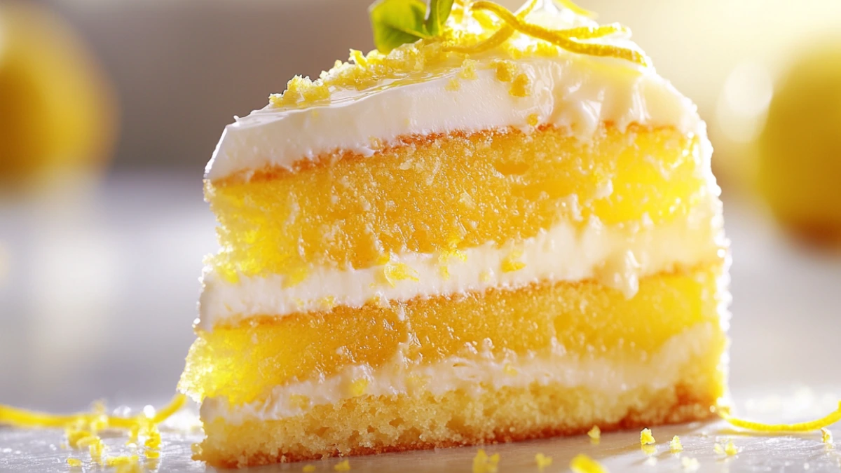 Lemon cake slice with frosting on a plate