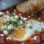 A delicious Shakshuka with poached eggs in a rich tomato sauce served in a skillet.