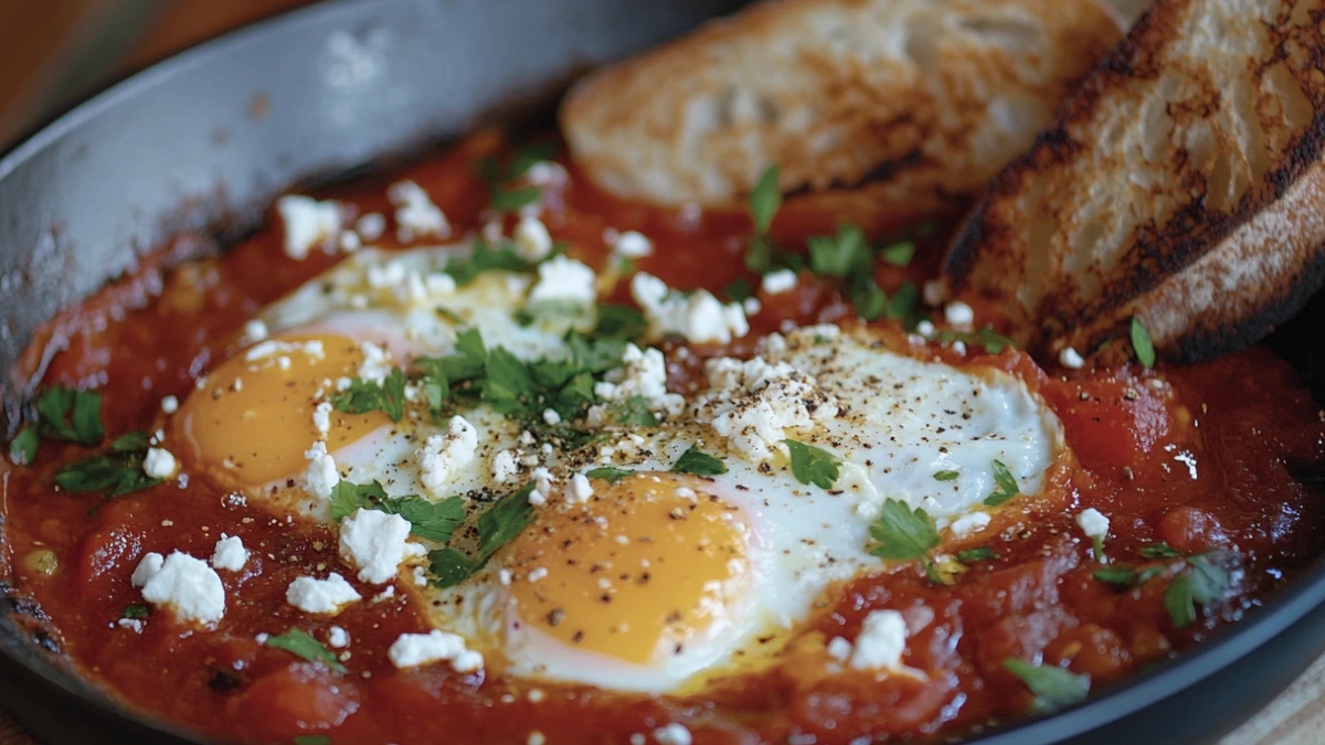 A delicious Shakshuka with poached eggs in a rich tomato sauce served in a skillet.