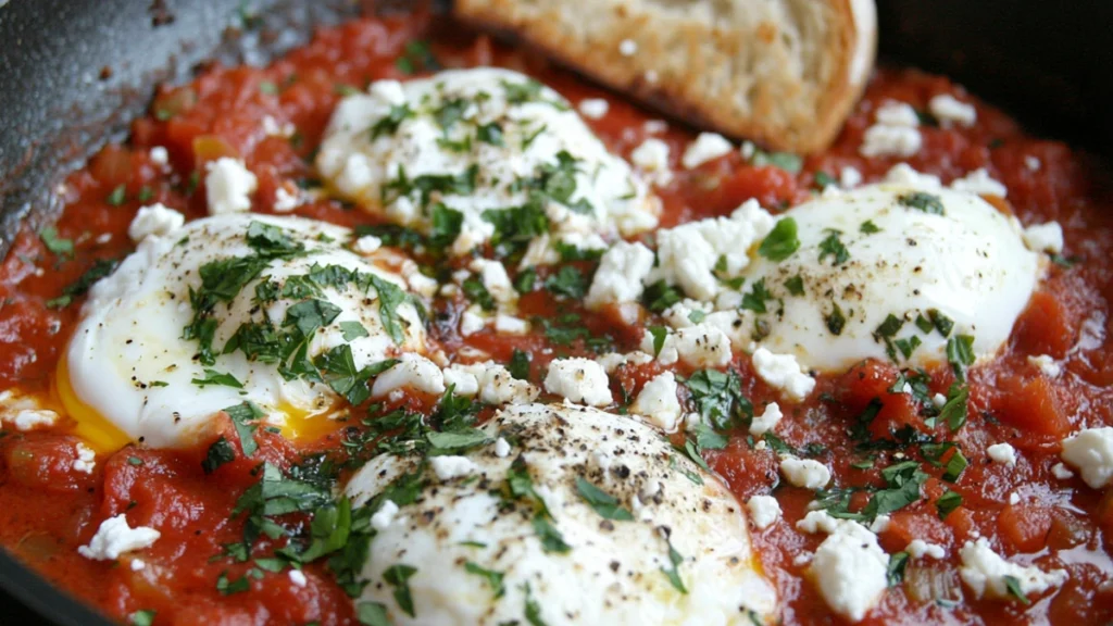 Close-up of poached eggs with vibrant tomato sauce and herbs in a Shakshuka.