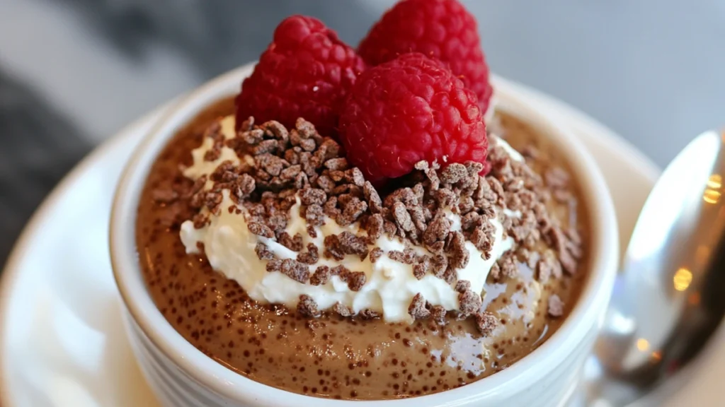 Creamy chia seed pudding topped with fresh berries in a glass jar.