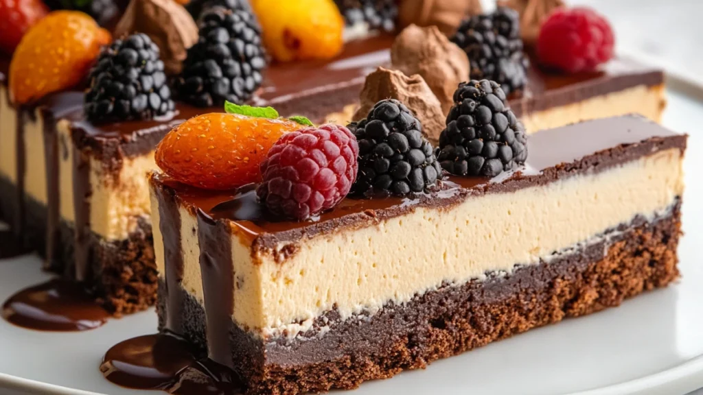 Close-up of a sliced cheesecake brownie with a swirl of chocolate and cheesecake topping.