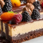 Close-up of a sliced cheesecake brownie with a swirl of chocolate and cheesecake topping.