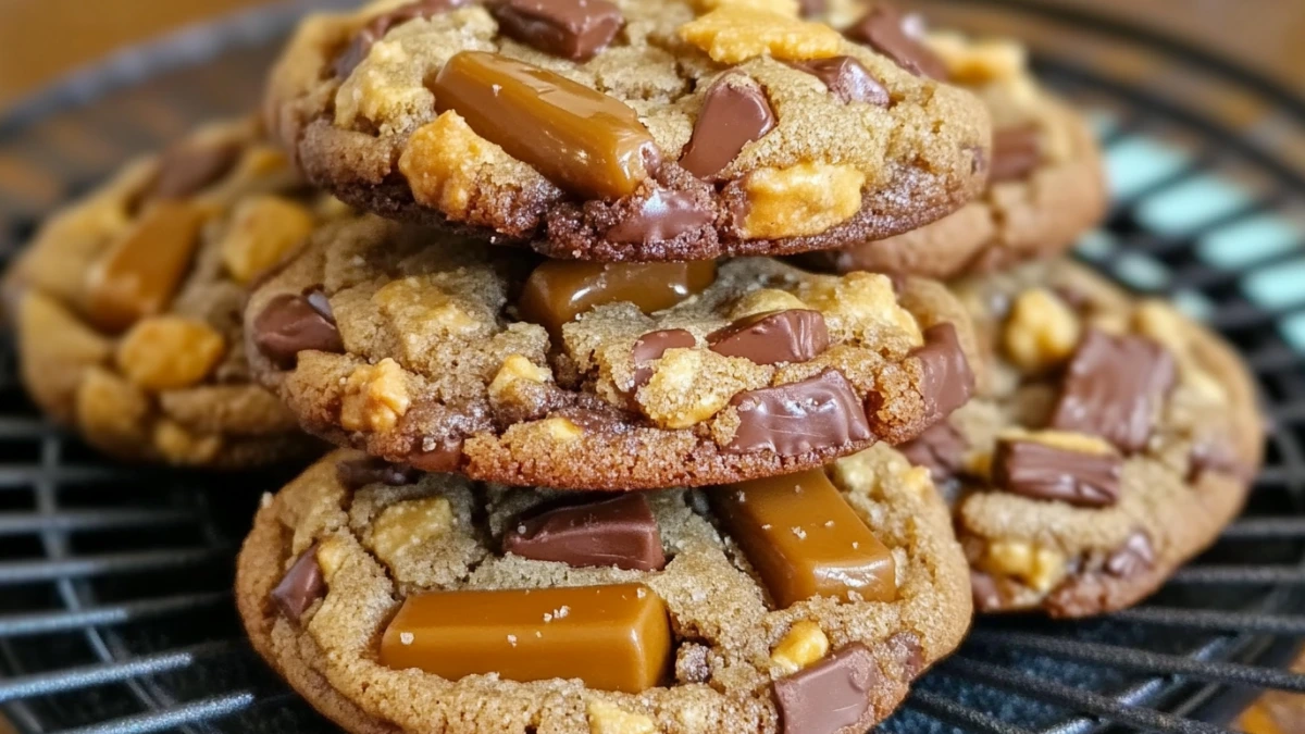 Freshly baked caramel cookies on a cooling rack.