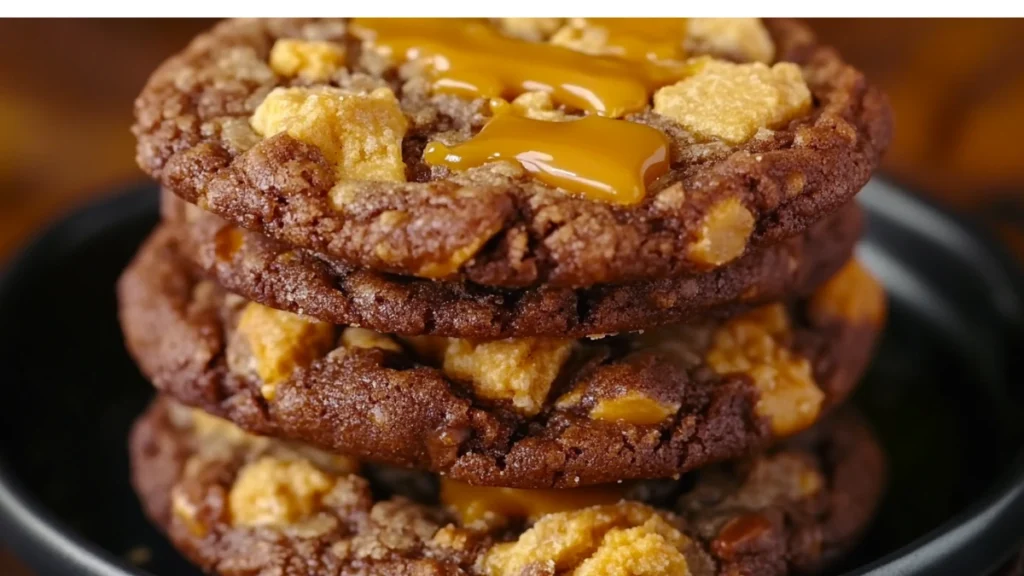 Chewy caramel cookies stacked on a plate, ready to serve.