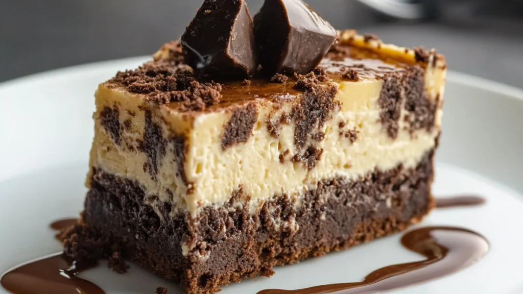 Fudgy cheesecake brownie with creamy cheesecake swirls on top, perfect for dessert lovers.