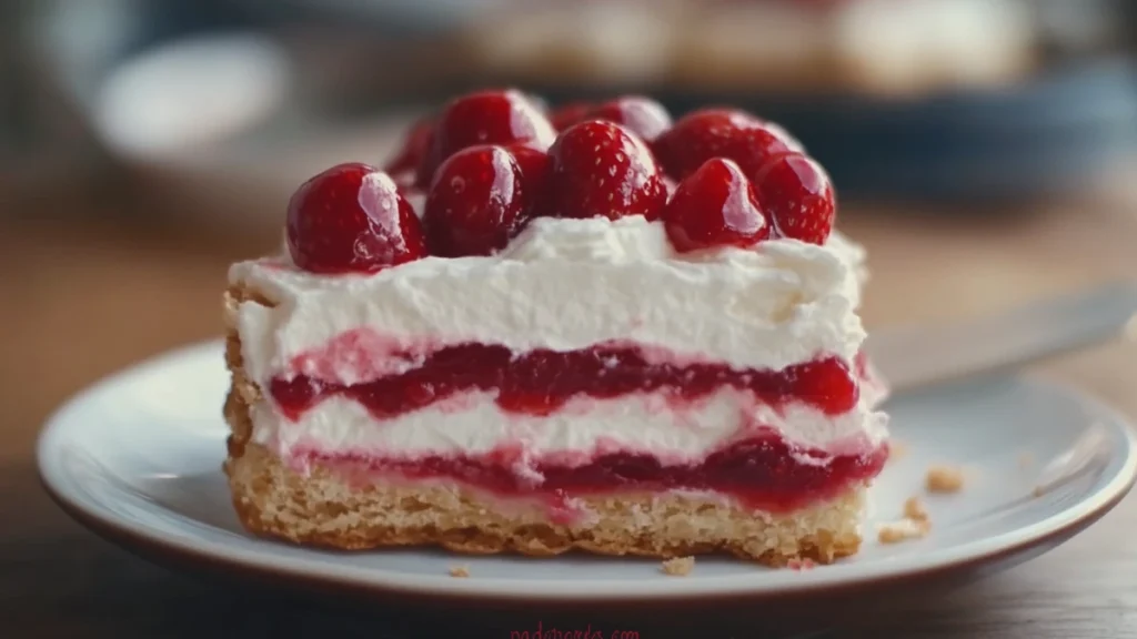 Close-up of sliced strawberry eclair cake showcasing its layered graham cracker and strawberry filling.