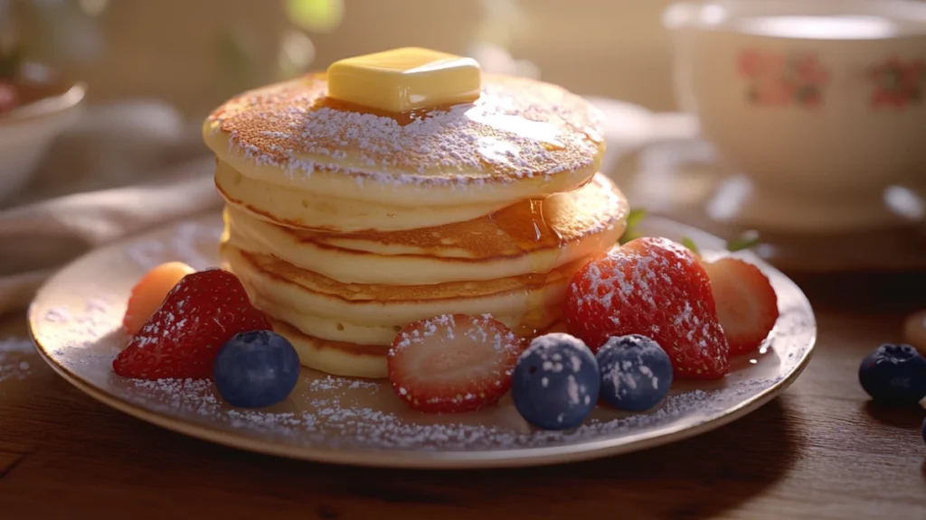 Classic pancake breakfast with butter, syrup, and a side of crispy bacon for a hearty morning meal.