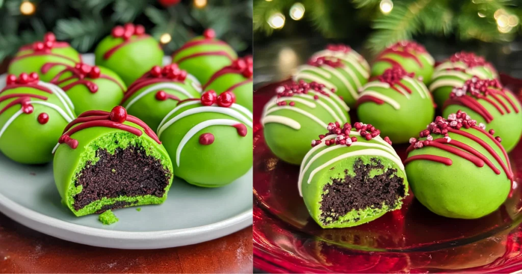 Close-up of homemade Grinch Oreo Balls on a holiday platter, ideal for parties and family gatherings.