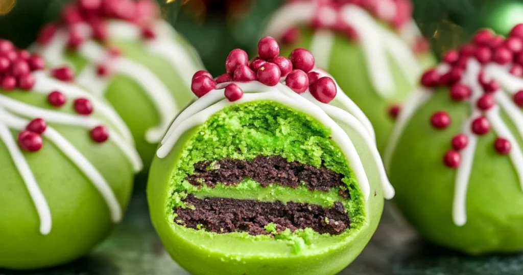 Festive Grinch Oreo Balls decorated with green candy coating and red hearts, perfect for Christmas treats.