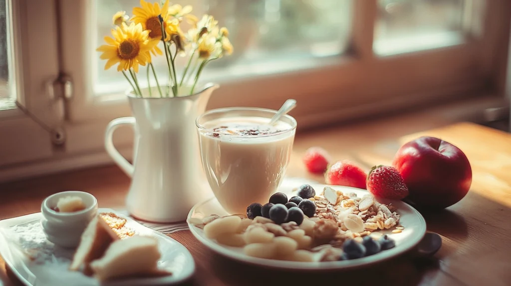 Glass of creamy Carnation Instant Breakfast shake with fresh fruit and oats for a quick morning boost.